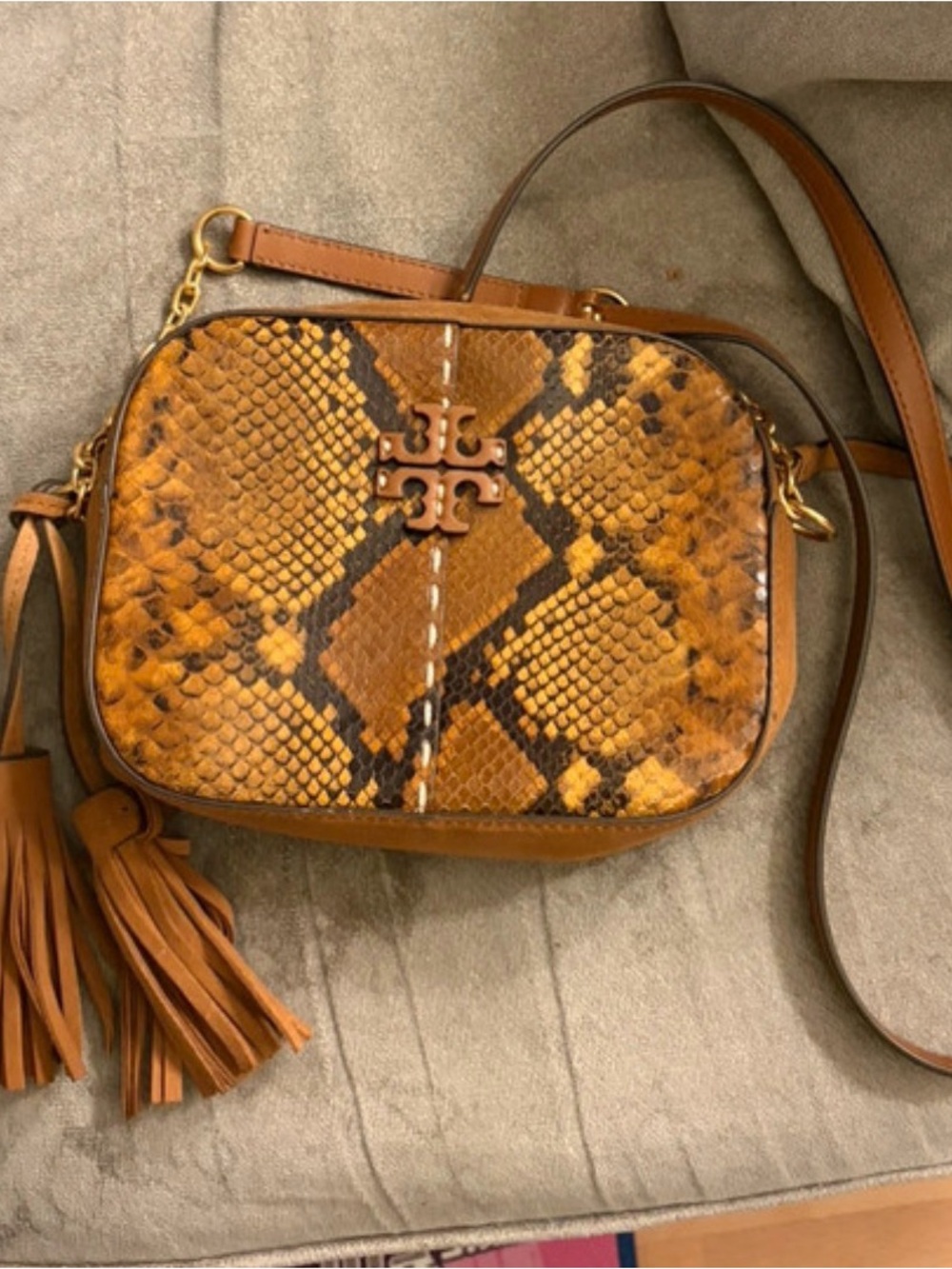 Tory Burch Brown Snake-Embossed Crossbody with Tassel